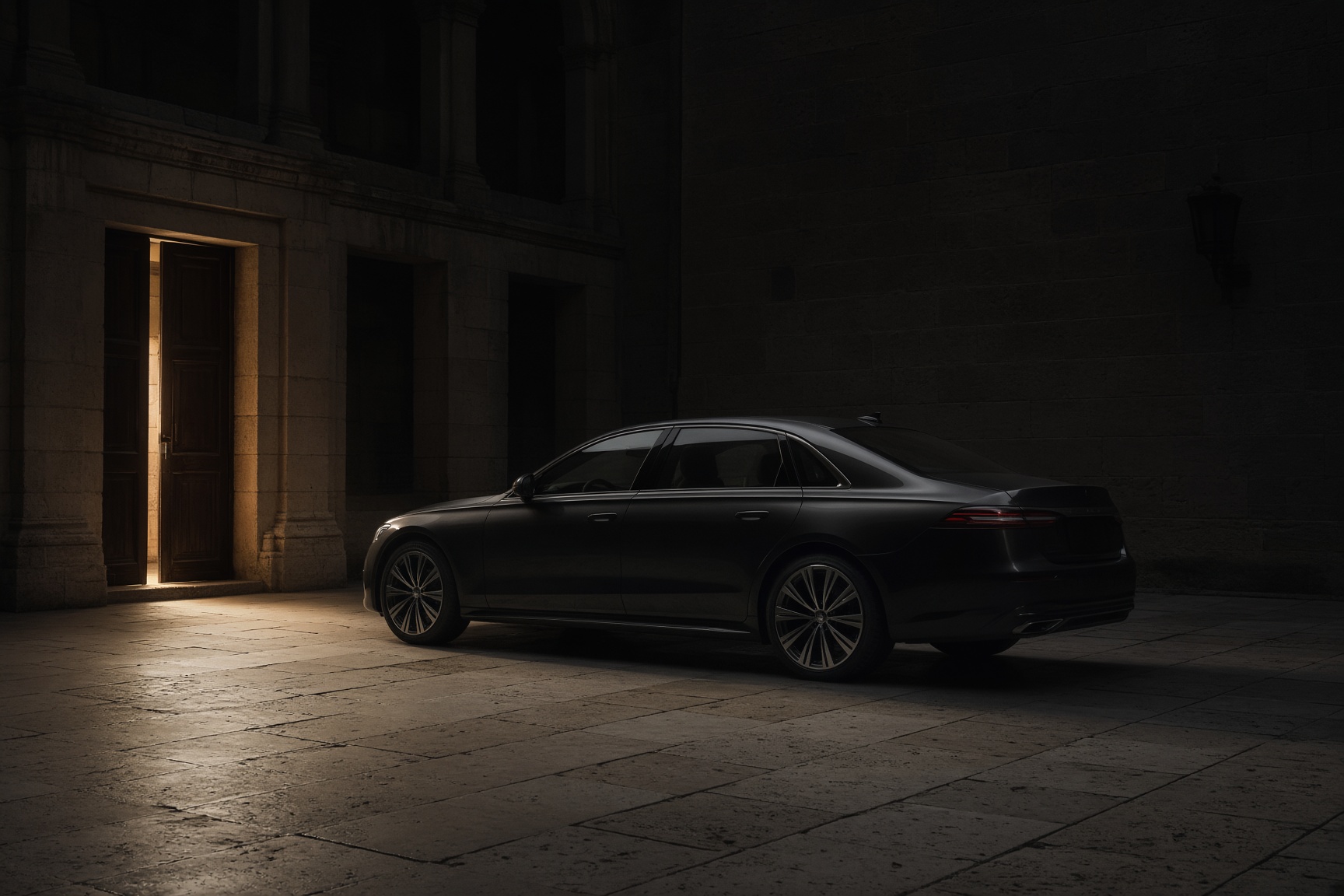 A dark car in a limestone courtyard at dusk, one shaft of warm light.