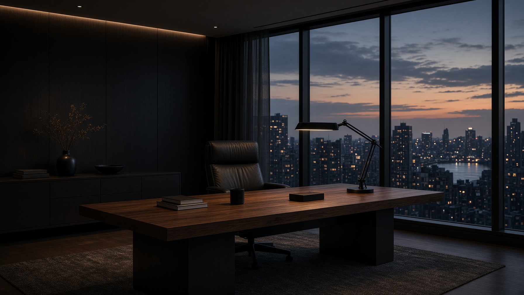 A quiet studio at dusk — walnut desk, a single lamp, the city beyond.